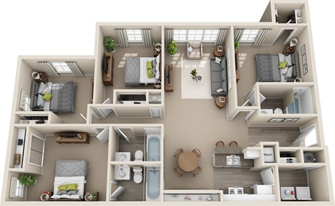 A 3D floor plan of a small apartment with a kitchen, living room, and bathroom.
